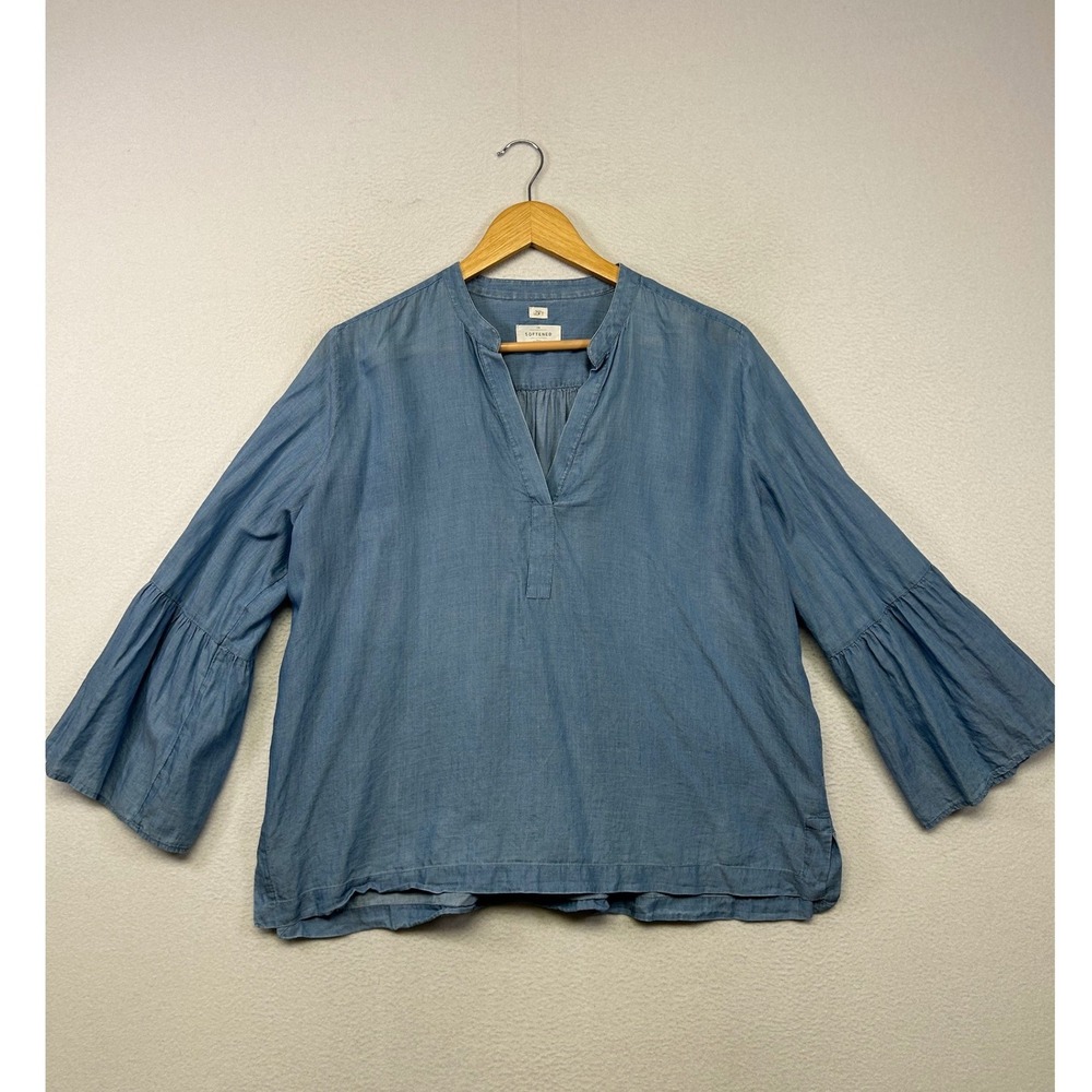Boho Coastal LOFT Womens L Petites Blue Softened Tiered Bell Sleeve Split Neck